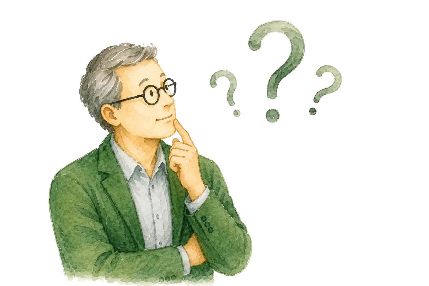 Watercolor illustration of a man in a green jacket thinking beside three question marks