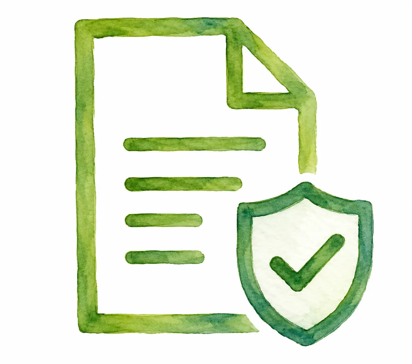 Watercolor illustration of a document with a shield and checkmark