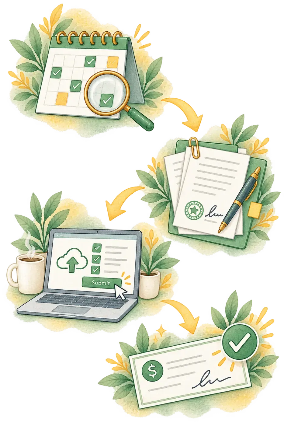 Watercolor claim sequence showing a reviewed calendar, signed documents, an online submission, and an approved payment check